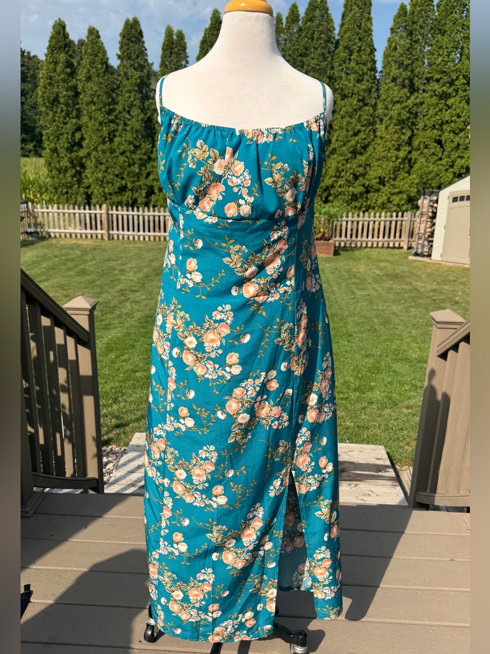 Teal Floral Spaghetti-Strap Maxi Dress Slit up side front. Zip back